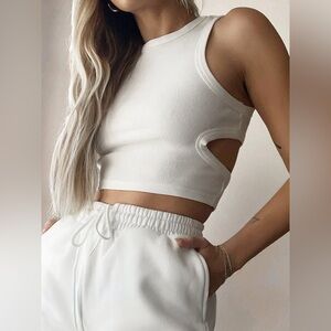 White Ribbed Cutout Tank Top